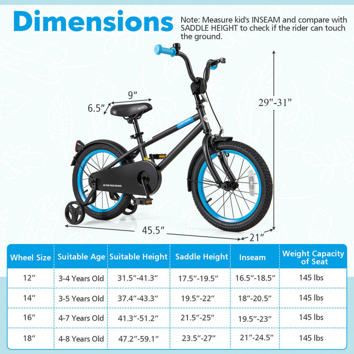 Costway 16\" Kids Bike With Adjustable Saddle Handlebar Removable Training Wheels Handbrake Black