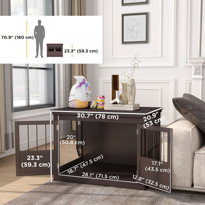 Pawhut Dog Crate Furniture, 31\" Dog Kennel Side End Table With Three Doors, Indoor Dog Cage For Small Dogs, Coffee