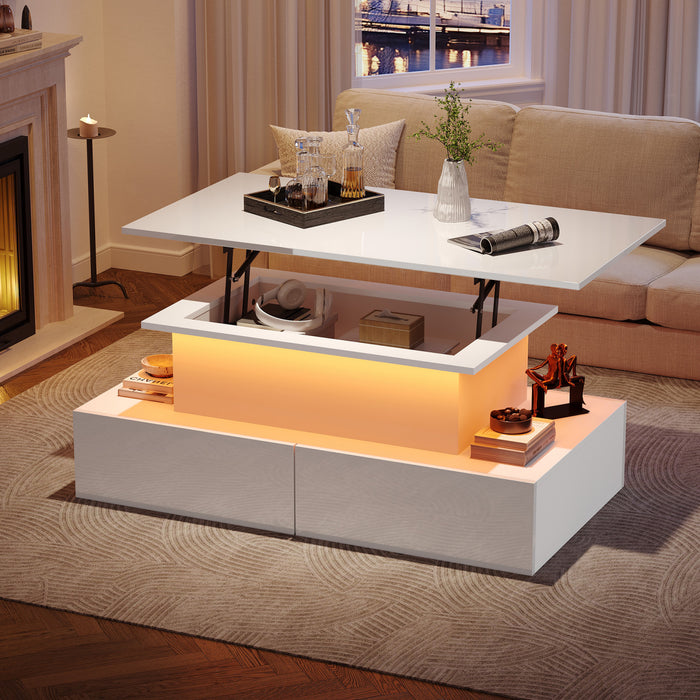 Ethan Lift-Top Coffee Table with LED Lighting and Storage Drawers,White