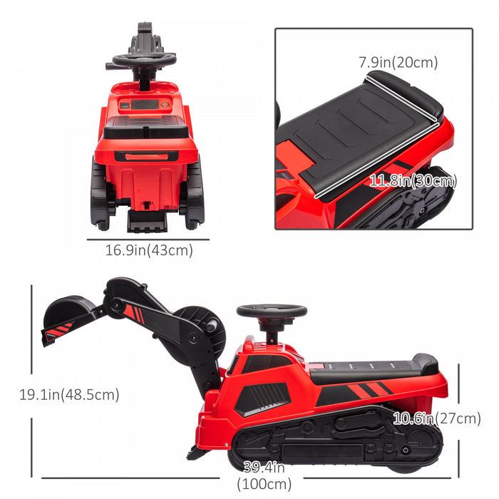 Aosom 3 In 1 Ride On Excavator Bulldozer Road Roller, No Power Pretend Play Construction With Music, For 18-48 Months, Red