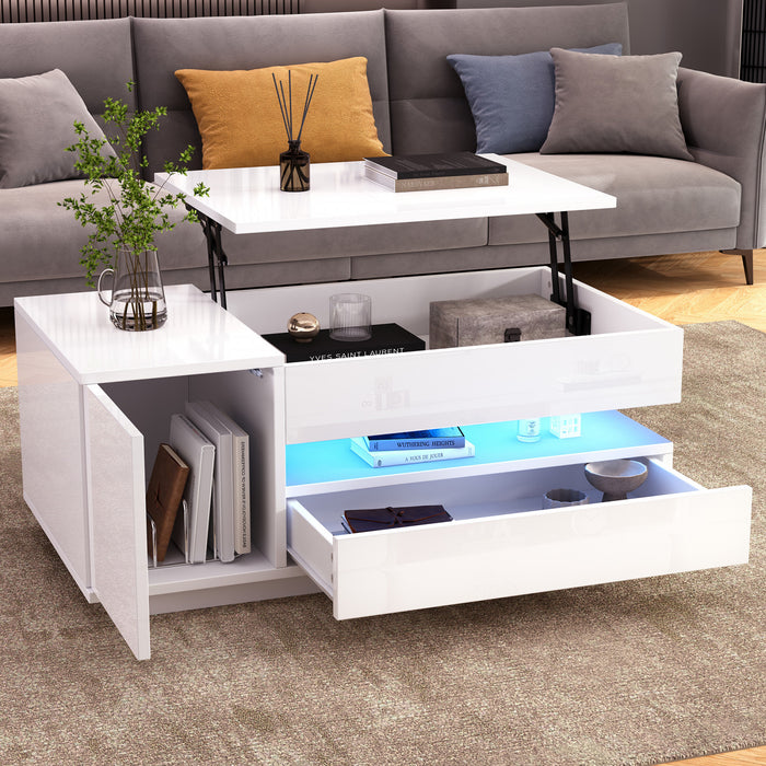 Oliver Height Adjustable Coffee Table with Drawer Cabinet LED Lighting and Storage,White