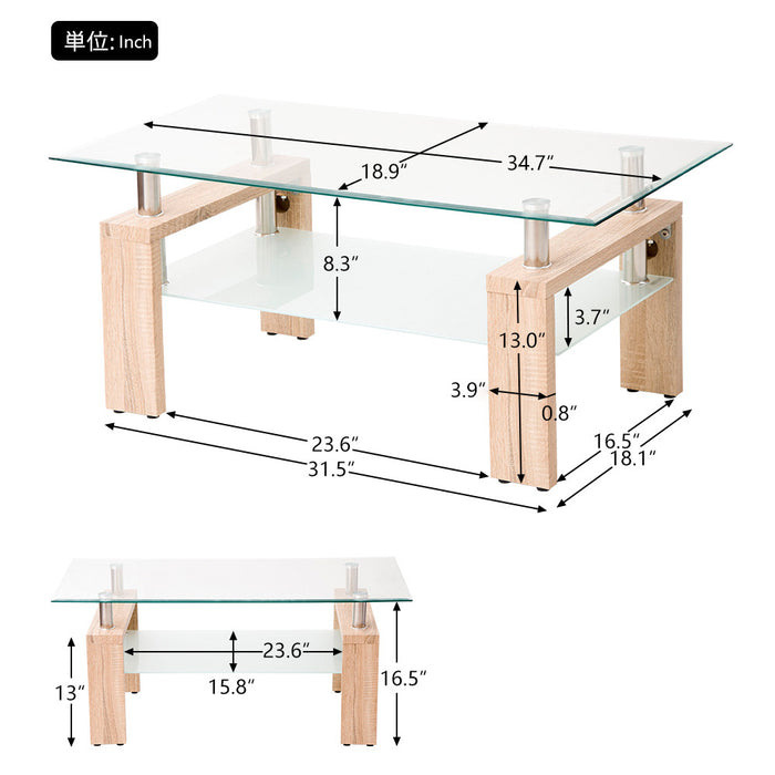 Lucius Modern Geometric Design Tempered Glass Coffee Tablewith Metal Frame and Clear Glass,Natural