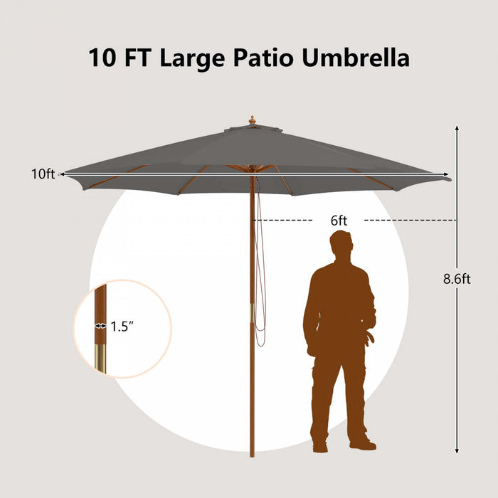 Costway 10FT Patio Wooden Market Table Umbrella Pulley with 8 Bamboo Ribs Sunshade Canopy Gray