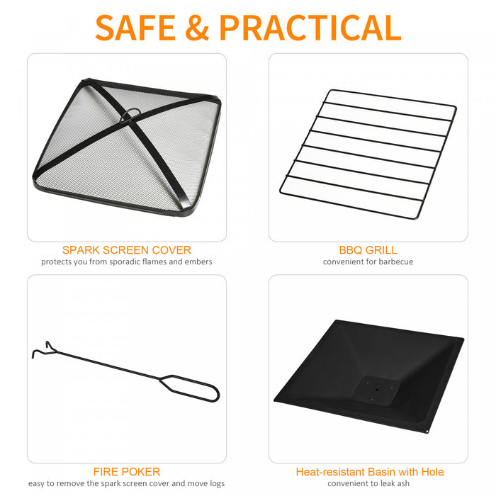 Outsunny 30\" Outdoor Steel Square Firepit Square Stove With Spark Screen Cover, Log Grate, Poker, Grill Net For Patio