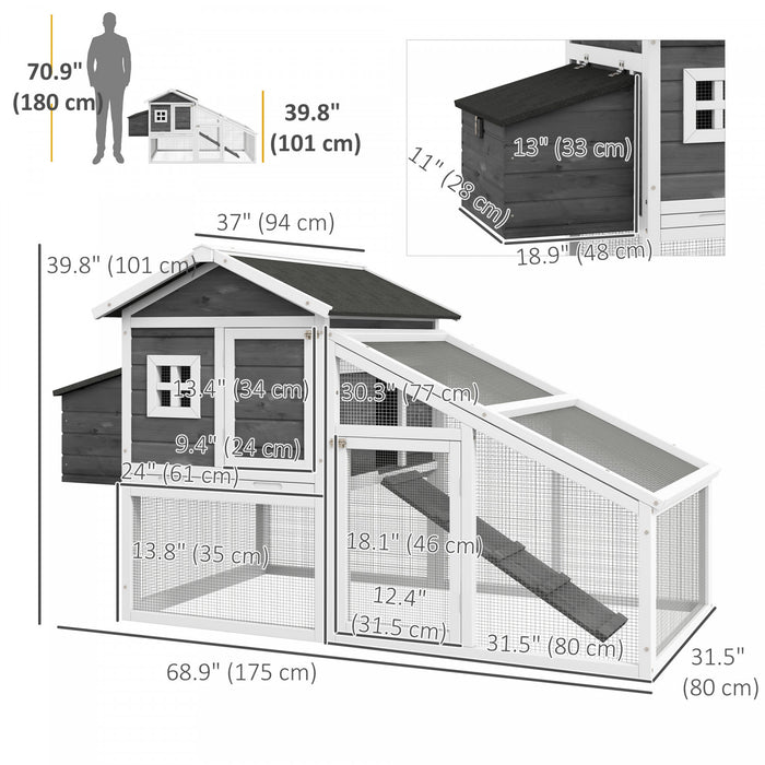 Pawhut 69\" Chicken Coop Wooden Hen House Rabbit Hutch Poultry Cage Pen Outdoor Backyard With Outdoor Run Nesting Box Removable Tray Waterproof Asphalt Roof Lockable Door Grey