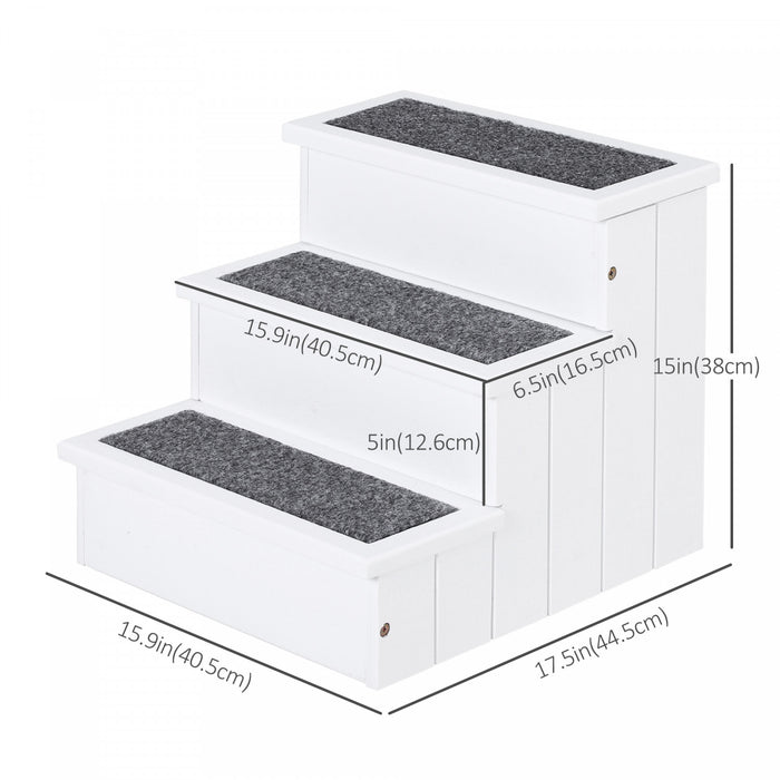 Pawhut Pet Steps 3-step Dog Stairs For Small Dogs Cats And Wooden Ramp With Storage Box Carpet Tread, White