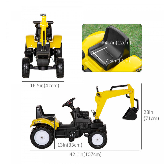 Aosom Kids Ride On Excavator Toy, Pedal Tractor Ride On Toys, Larger Size Pretend Play Ride On Excavator For Kids & Toddlers 3-6 Years Old, Yellow
