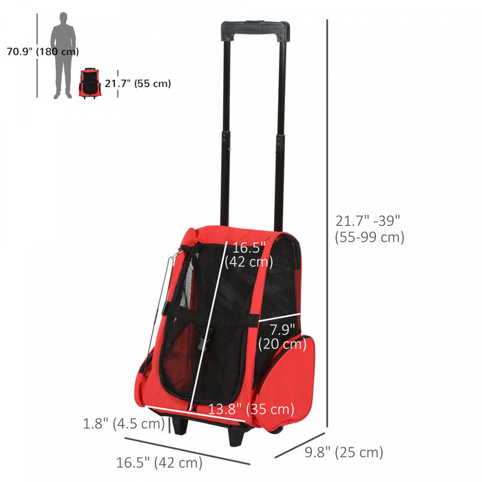 PawHut 2-IN-1 Pet Luggage Box Backpack Carrier Cats Dogs w/ Handle, Rolling Wheel Red
