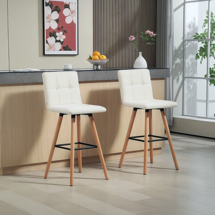 HOMCOM Bar Stool Set of 2 Upholstered Kitchen Stool w/ Wood Legs, White