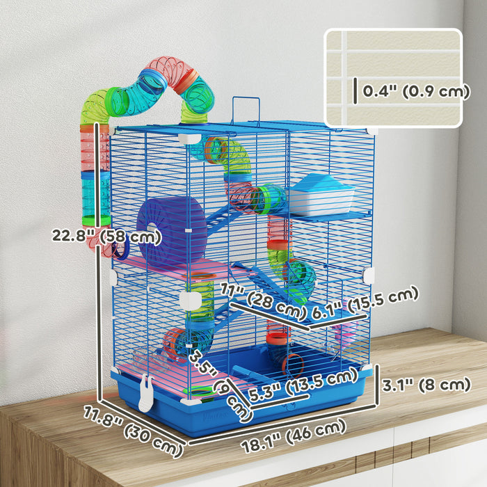 PawHut 5 Tiers Hamster Cage Portable Animal Travel Carrier Habitat with Exercise Wheels Play Tube Water Bottle Dishes House Ladder for Gerbils, Dark Blue