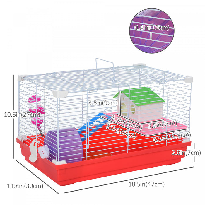 Pawhut 18.5'' Hamster Cage With Exercise Wheel And Water Bottle Dishes, Rat House And Habitats 2 Storey Design, Red