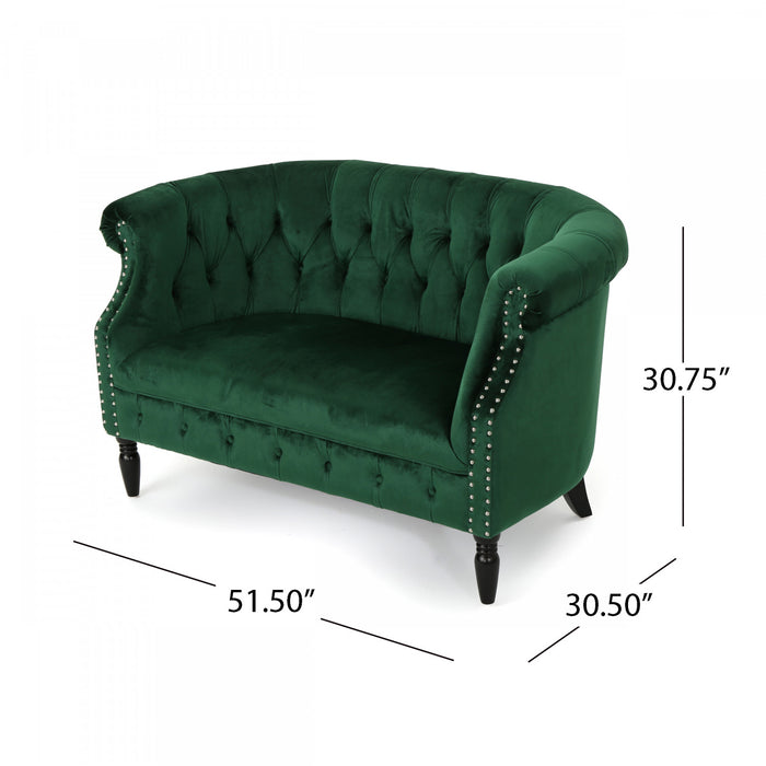 Vivian Solid Wood Rolled Arms Velvet Loveseat,Emerald
