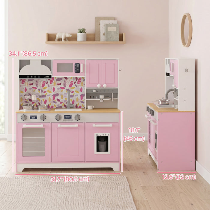 Qaba Play Kitchen for Toddlers, Kids Kitchen Playset with Stove, Sink, Coffee Maker, Ice Maker, Realistic Accessories, Storage, Pretend Play Gift for Boys Girls 3-8 Years, Pink