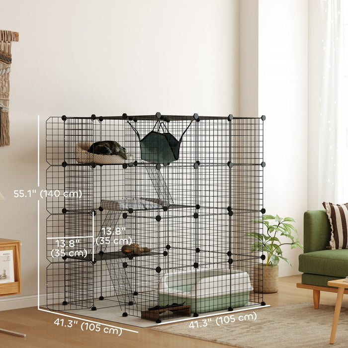 Pawhut Cat Cage Indoor, 4 Tier Diy Catio With Hammock, 5 Doors, 3 Ramps, 3 Jumping Platforms, Steel Wire Cat Playpen For 1-3 Cats, Black