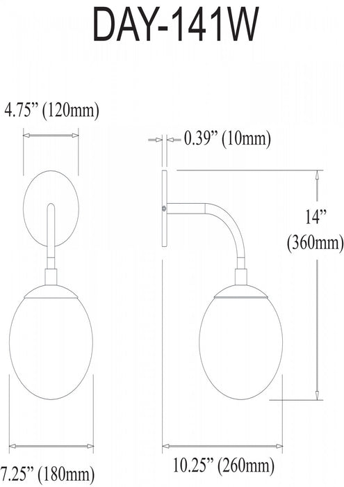 Dainolite Dayana 1 Light Wall Sconce Down Light Matte Black Finish White Glass Lamp