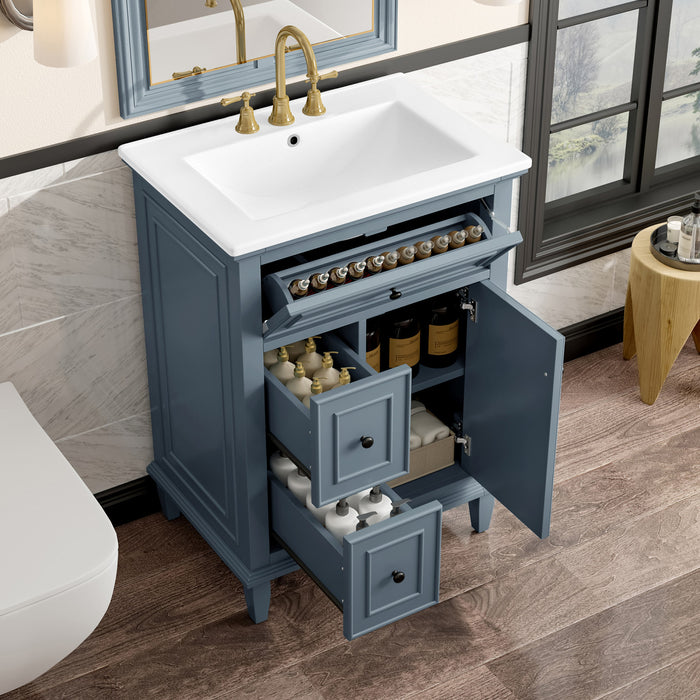 Vivo 24 Inch Single Sink Bathroom Vanity with Flip Drawer and Solid Wood Legs, Blue Gray