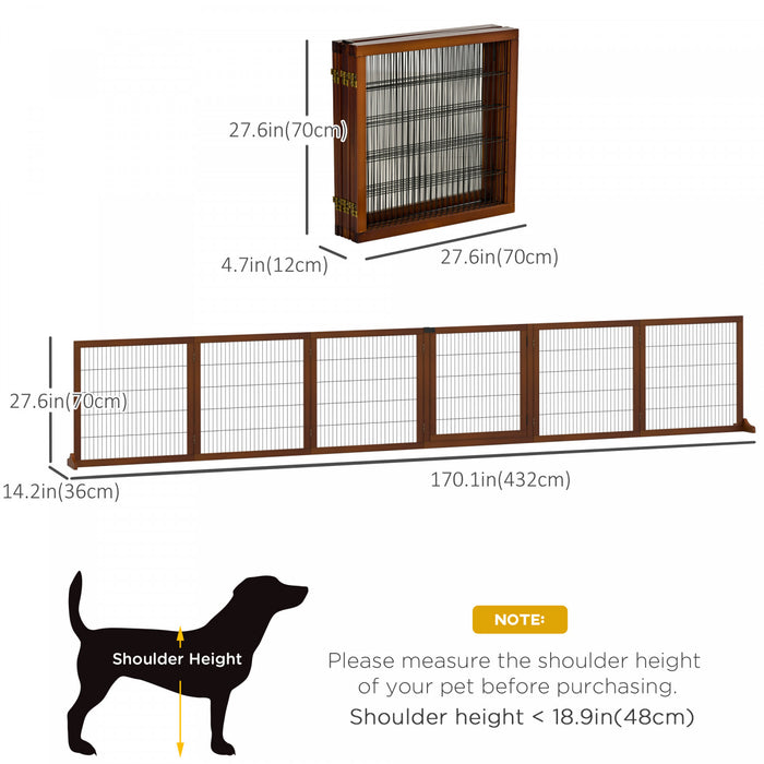 Pawhut Wooden Pet Gate, Dog Safety Barrier, Freestanding Foldable Fence, W/ 6 Panels, 2 Support Feet, For House Doorway Stairs, Small & Medium Dogs, Coffee