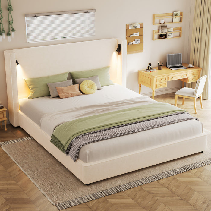 Olivia Upholstered Bed with Wingback Headboard and USB Ports,King Size - Beige