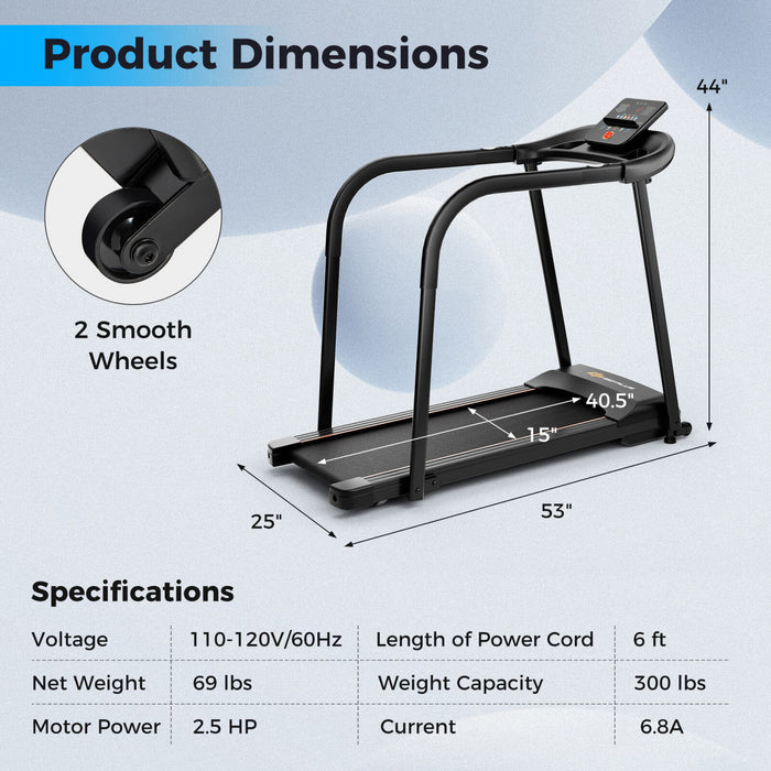 Costway 2.5 Hp Walking Treadmill With Long Handrails For Seniors Pulse Sensors Led Display