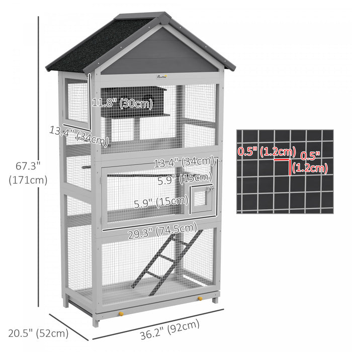 Pawhut Wooden Bird Cage, 67\" Parrot Cage With Perches, Bird House, Ladder, Slide-out Tray For Finches, Parakeets, Small Birds, Indoor Outdoor Use, Grey