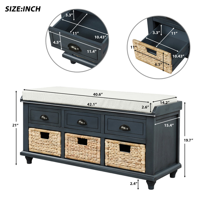 Harvey Solid Wood Storage Bench With Drawers And Rattan Baskets,antique Navy