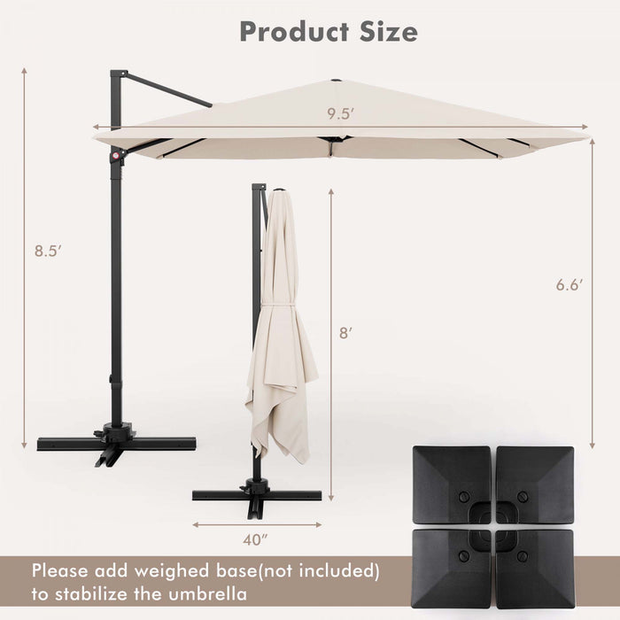 Costway Patio 9.5FT Square Cantilever Offset Hanging Umbrella 2-Tier 360° Outdoor Beige