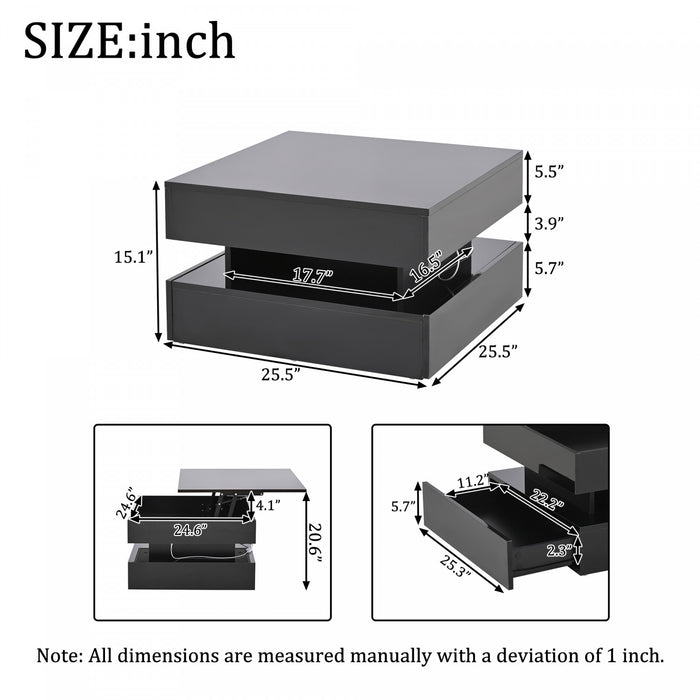 Oliver Lift-Top Coffee Table with LED Lighting and 2 Drawers,Black
