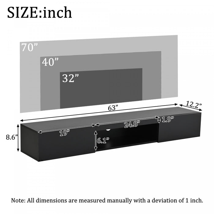 Evan Floating TV Stand with LED Lighting and Storage Doors,Black