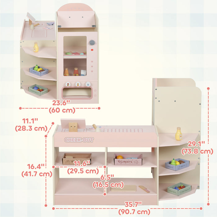 Qaba Kids Grocery Store Playset, Pretend Play Store with Cash Register, Vending Machine and Play Food Accessories, Supermarket Toy Set, Gift for Toddler Boys Girls, Pink