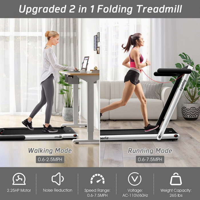 Superfit 2.25hp 2 In 1 Dual Display Folding Treadmill Jogging Machine W/app Control Silver