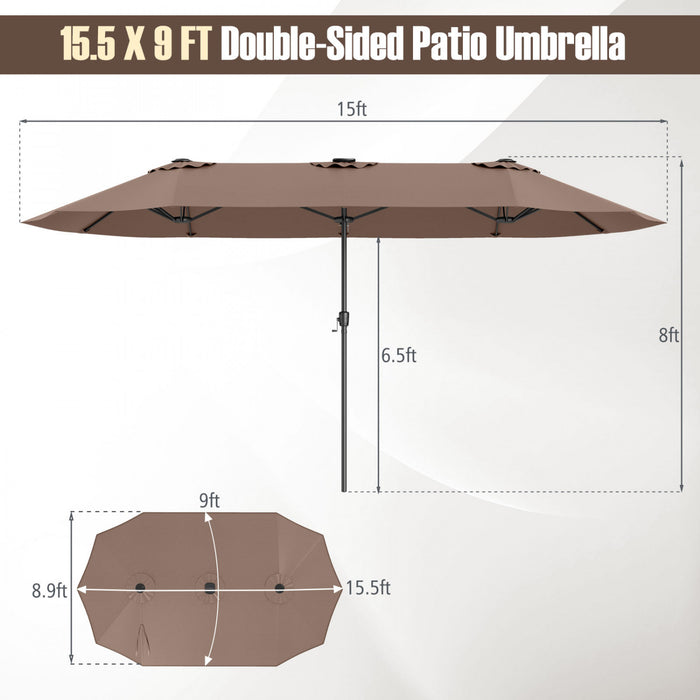 Costway 15.5 FT Extra-Large Patio Umbrella with LED Solar Lights & 12 Heavy-Duty Ribs Brown