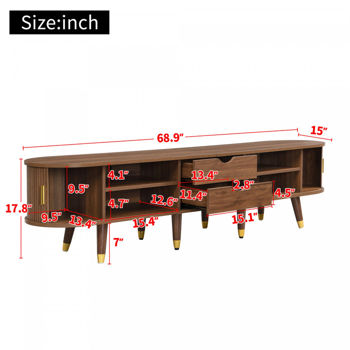 Rustic 69 Inch TV Cabinet with Sliding Door and Walnut Finish, Wood