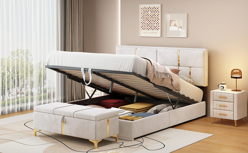 Nicole 2 Piece Bedroom Set With Upholstered Platform Bed And Ottoman Bench,queen Size,beige Queen Bed