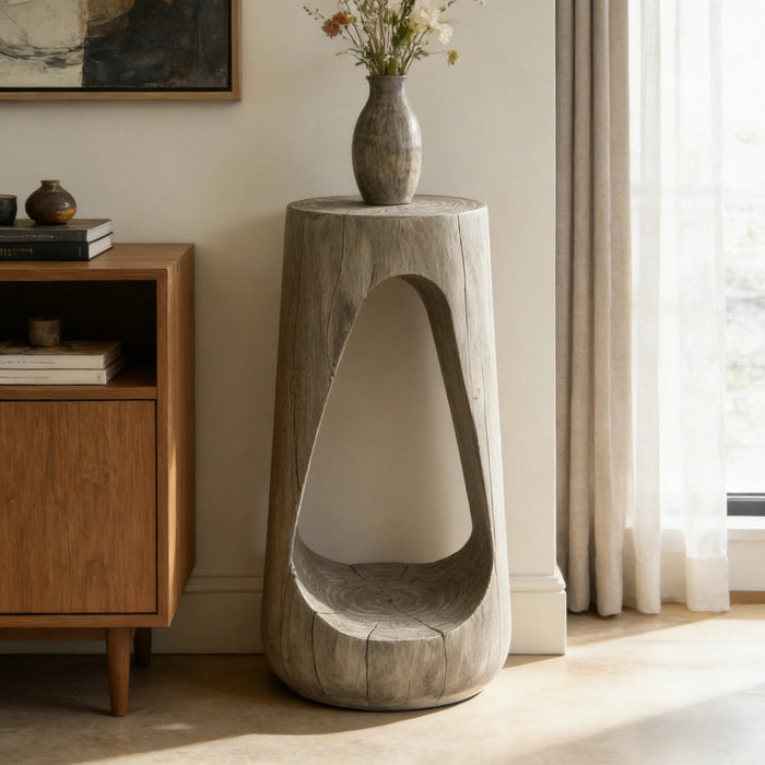 Brio 26.57\" Rustic Tree-Stump MGO Accent Table, Unique Wood Grain Indoor Side Table, Grey