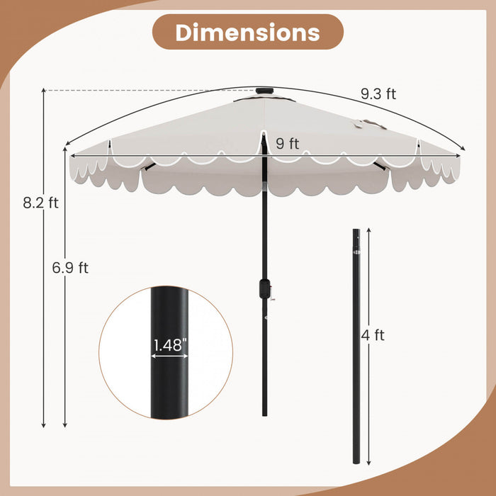 Costway 9.3 FT Solar Patio Umbrella Outdoor Market Sunshade with 24 LED Lights Ruffles Beige