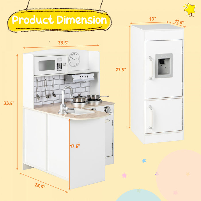 Costway Kids Corner Kitchen Playset Wooden Play Kitchen With Microwave&fridge For Toddlers