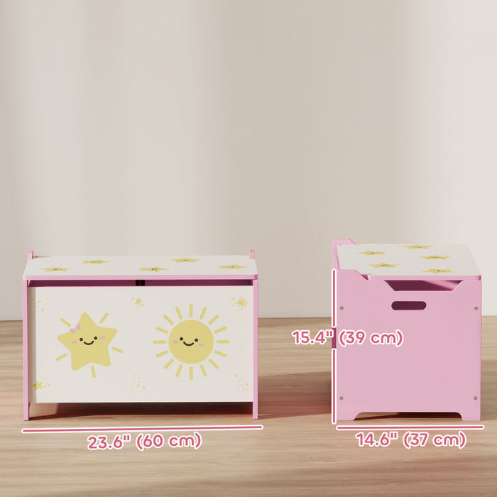Qaba Toy Box, Kids Storage Chest With Lid, Safety Hinges And Groove Handles, Toy Storage Organizer For Boys, Girls, Pink