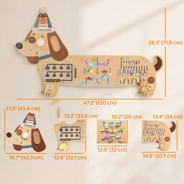 Qaba Dachshund Activity Wall Busy Board, Wooden Montessori Sensory Toys for 1.5-6 Y, Interactive Learning Activity Center for Playroom Nursery, Educational Toys for Toddler