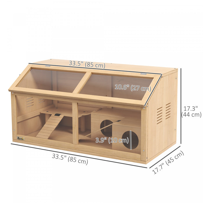 Pawhut Wooden Hamster Cage, 33.5\"l Hamster Habitat, Small Animal Cage For Syrian Drawf Hamster Gerbils Mice With Suspension Bridge, Openable Top, Ladders, Platform, Natural Wood