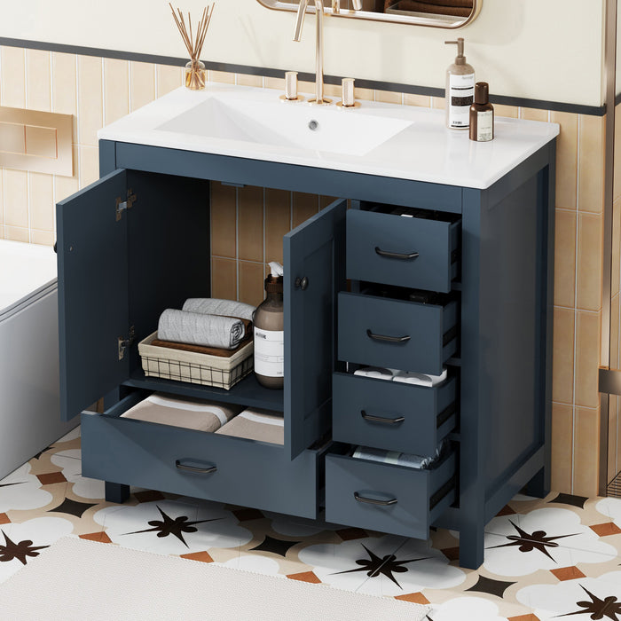 Derek 36 Inch Modern Bathroom Vanity with Ceramic Sink & Multi Storage, Blue