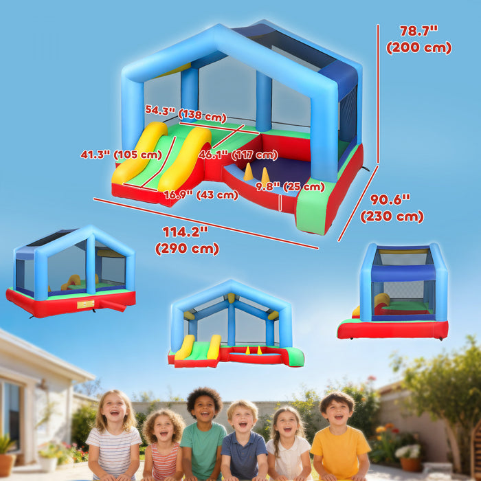 Qaba Bouncy Castle for Kids, Inflatable Bounce House with Slide, Ball Pit and Ring Toss Game, Jumping Castle with Sunshade and Blower for Indoor Outdoor Backyard Party Fun