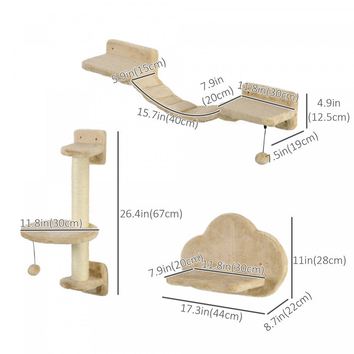 Pawhut Cat Wall Shelf With Scratching Post, Cloud-shaped Jumping Platform, Cat Wall Shelves For Relaxing, Sleeping, Climbing, Cat Wall With Soft Ladder And Play Balls, Beige