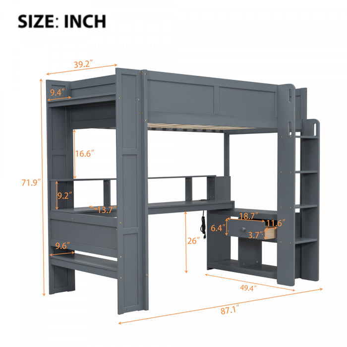 Jackson Twin Solid Wood Loft Bed With Desk, Multi-storage Shelves, Led And Charging Station, Dark Grey