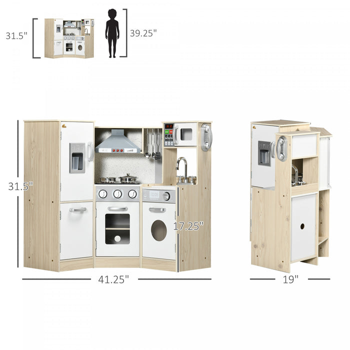 Qaba Wooden Play Kitchen With Lights Sounds, Corner Kids Kitchen Playset With Play Phone, Ice Maker, Microwave, Range Hood, Refrigerator, Utensils, Gift For Ages 3-6 Years Old, White