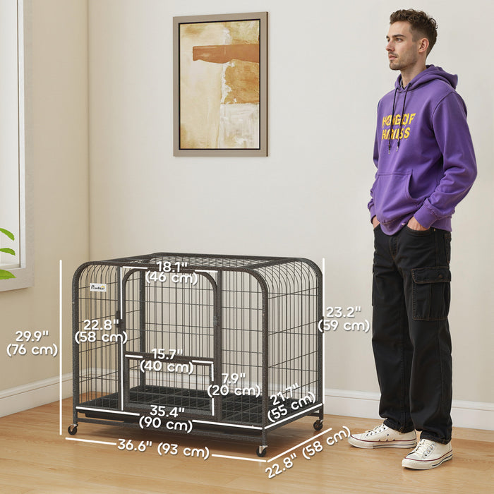 PawHut 37 Inch Heavy Duty Dog Crate, Large Metal Dog Cage with Lockable Wheels and Removable Tray for Small Medium Breeds, Puppy Playpen for Indoor Outdoor, Black