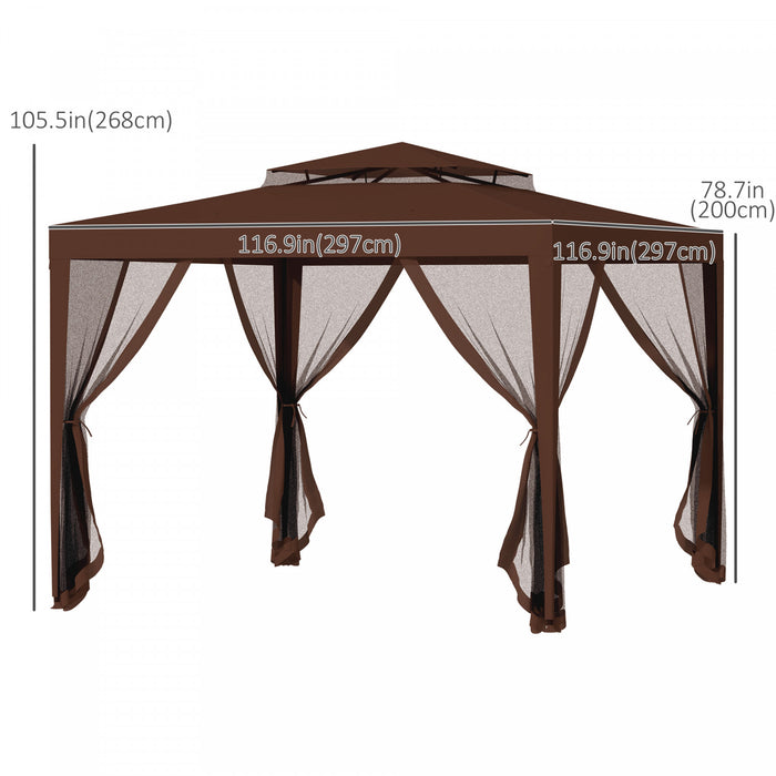 Outsunny 10' X 10' Canopy Tent, Party Tent With Mesh Netting And Double Tier Roof For Backyard, Garden, Patio, Outdoor, Brown