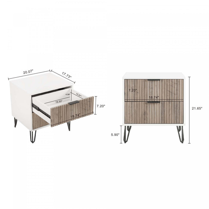 Dumbo Modern 20\" Fluted Nightstand in Rustic Gray and White (2-Drawer)