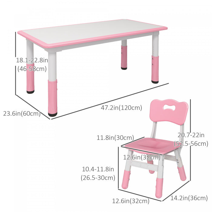 Qaba Kids Table And Chair Set With 4 Chairs, Adjustable Height, Easy To Clean Table Surface, For 1.5 - 5 Years Old, Pink