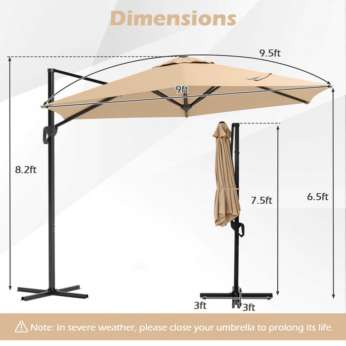 Costway 9 FT Patio Cantilever Umbrella with Sun-Protective Canopy, Top Air Vent Cross Base Beige