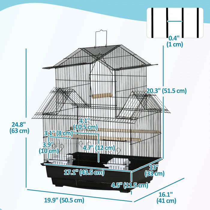 Pawhut 25\" Bird Cage For Finches, Canaries, Budgies, Indoor Parrot Cage With Perch, Swing, Food Container, Slide-out Tray, Handle, Black